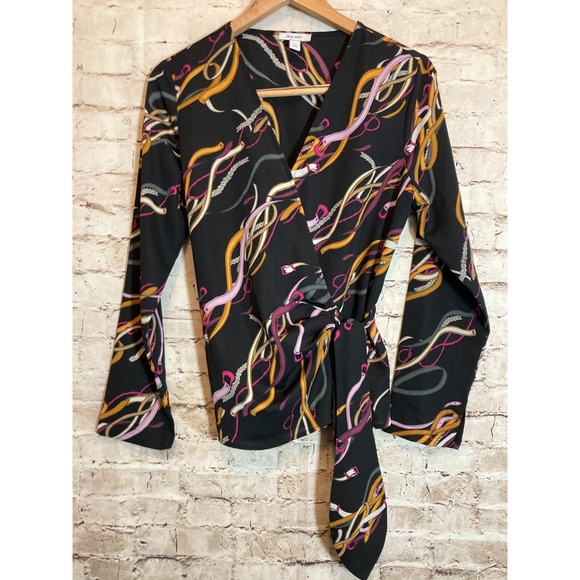 Nine West Wrap Top Womens Medium Black Chain Belt Print Artsy Tie Side - Picture 1 of 12
